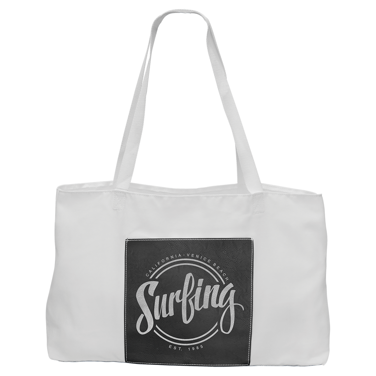 White Bag with 5" Black/Silver 19" x 12" laser engravable leatherette burlap bag personalized gift