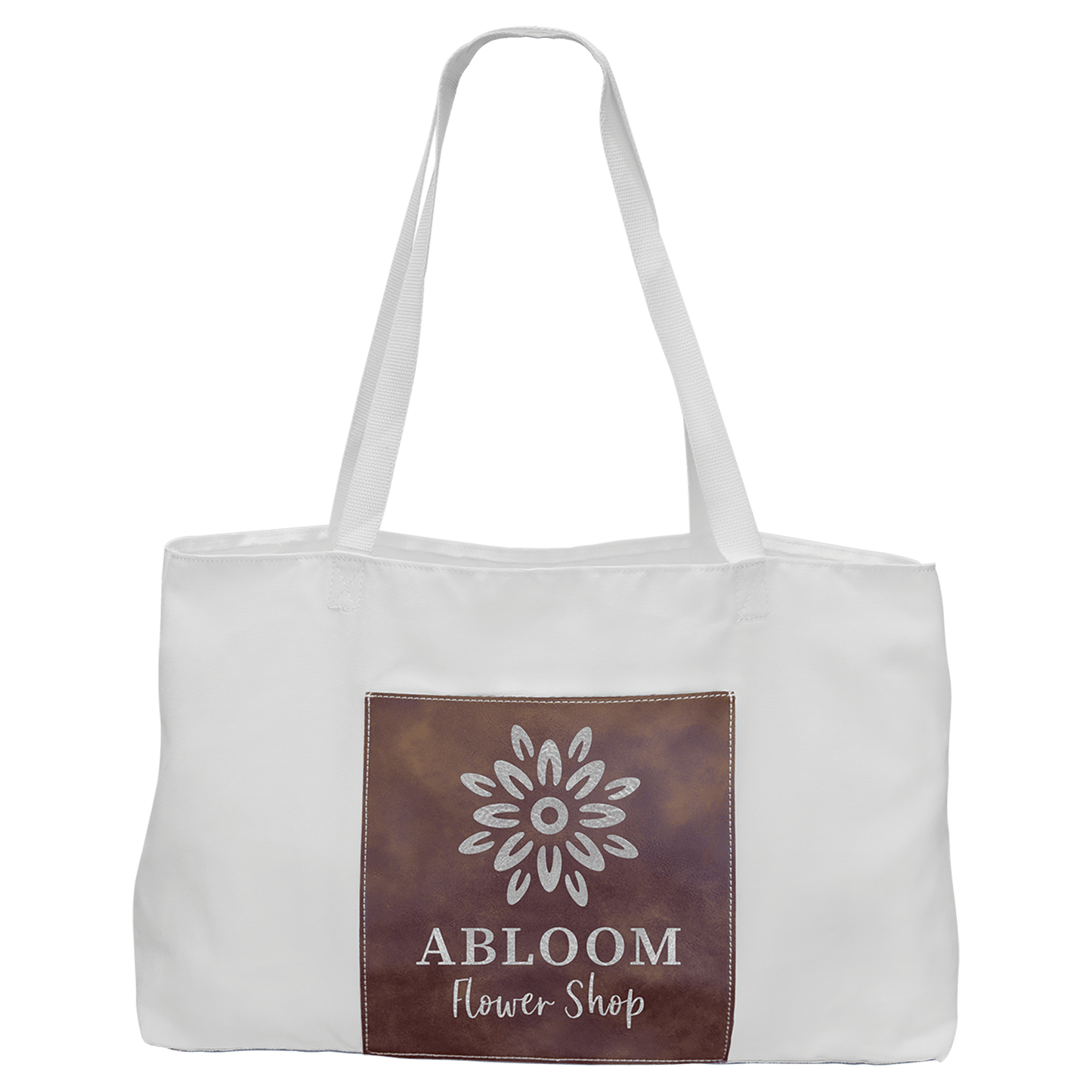 White Bag with 5" Rustic/Silver 19" x 12" laser engravable leatherette burlap bag personalized gift