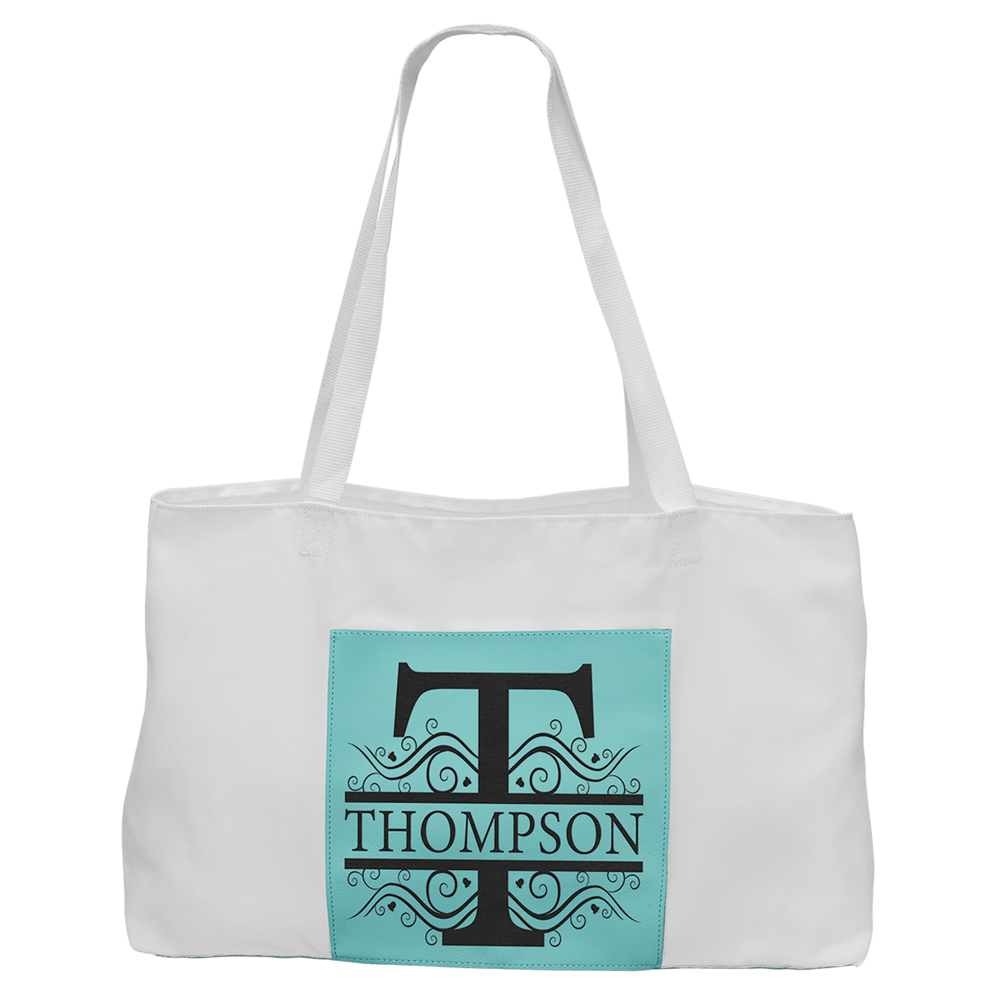 White Bag with 5" Teal 19" x 12" laser engravable leatherette burlap bag personalized gift