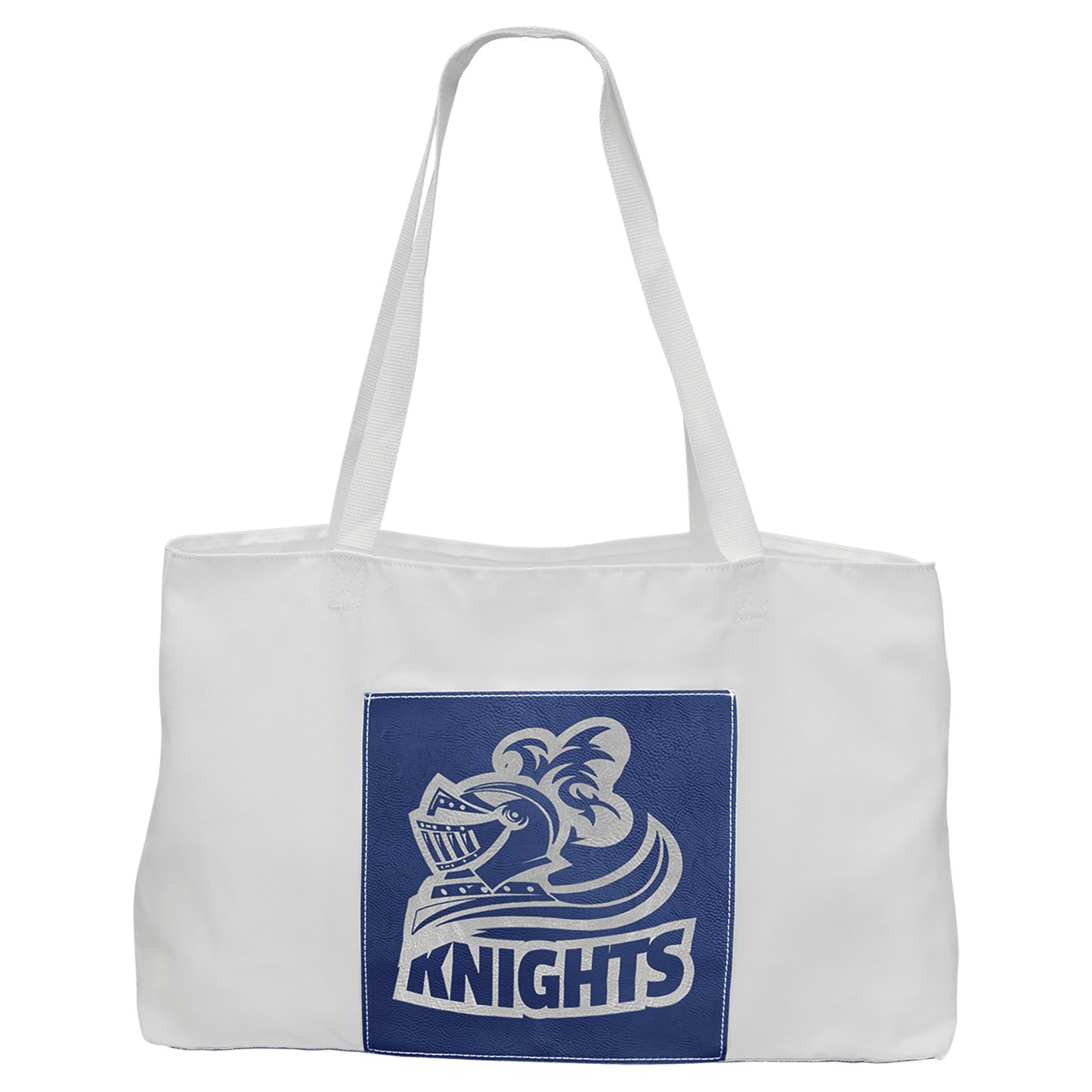 White Bag with 5" Blue/Silver 19" x 12" laser engravable leatherette burlap bag personalized gift