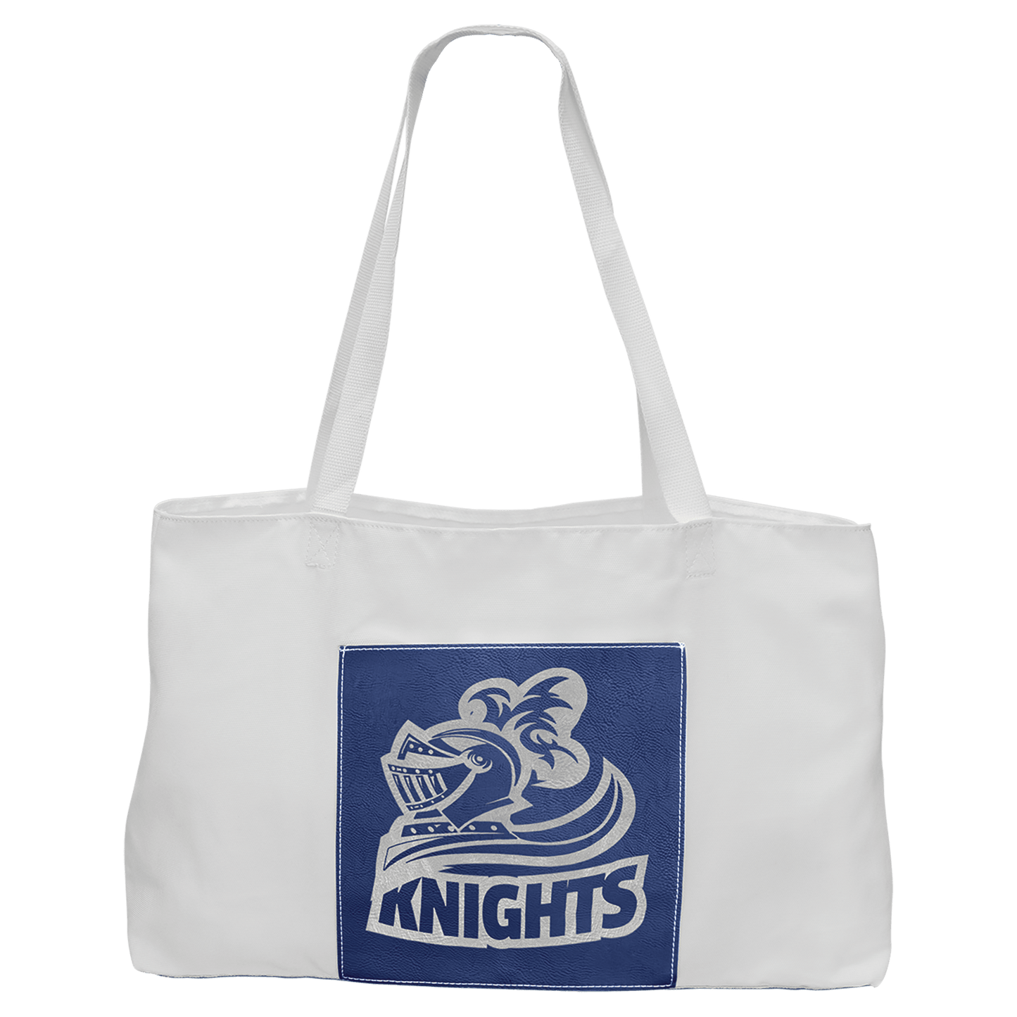 19" x 12" White Bag with 5" Blue/Silver Laserable Leatherette Gusset