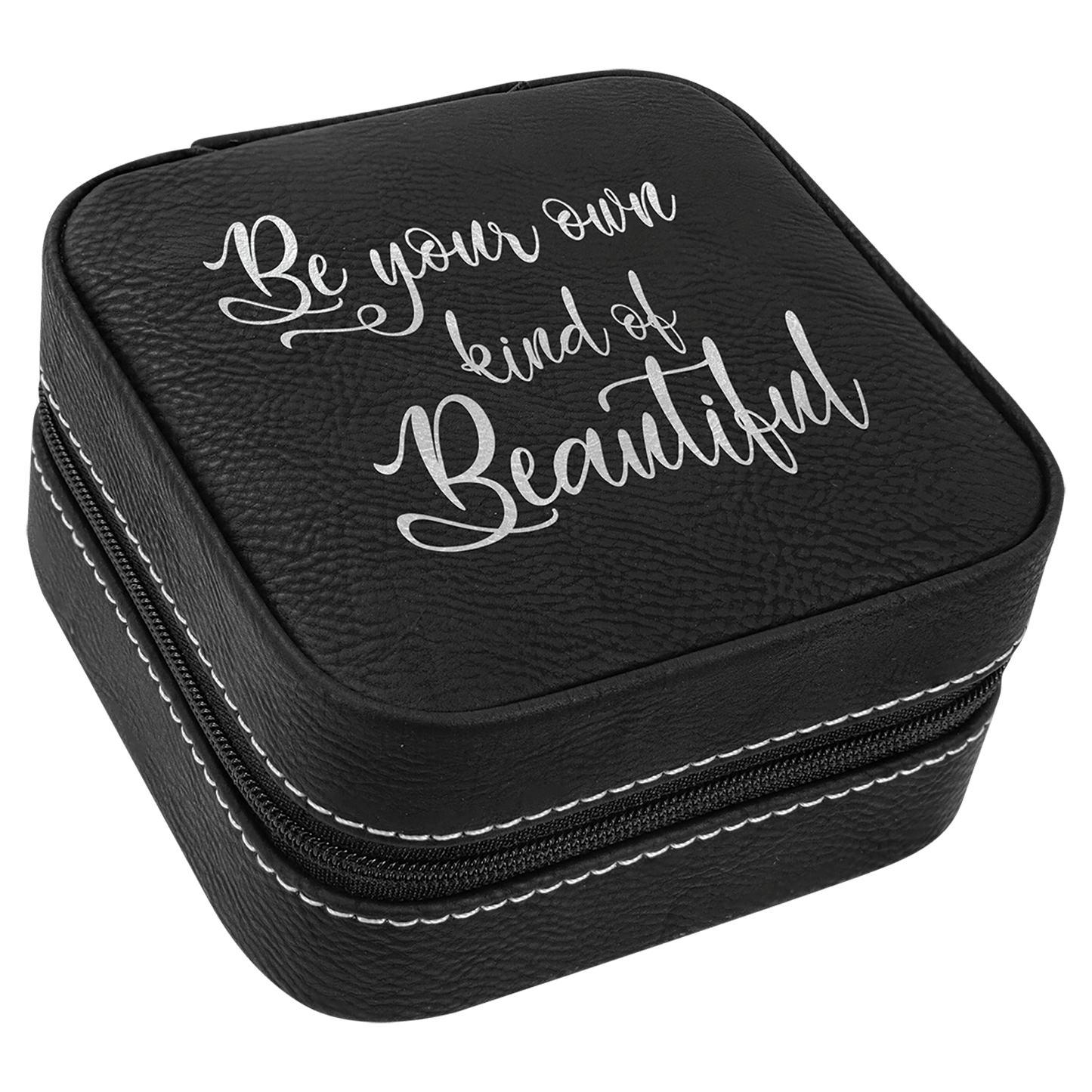 Black/Silver laser engravable leatherette travel jewelry box personalized gift