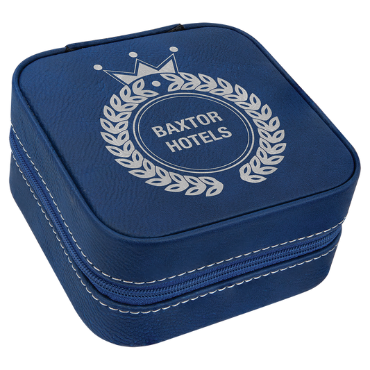 Blue/Silver laser engravable leatherette travel jewelry box personalized gift