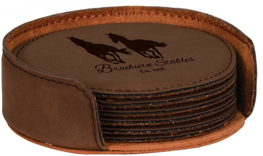 Set of 6 personalized 4 inch round leatherette coasters with custom engraved name or monogram