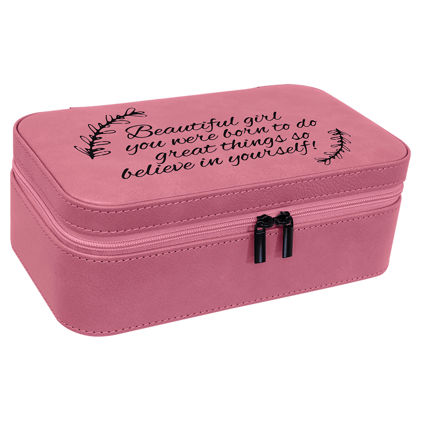 Pink laser engravable leatherette  jewelry box personalized gift