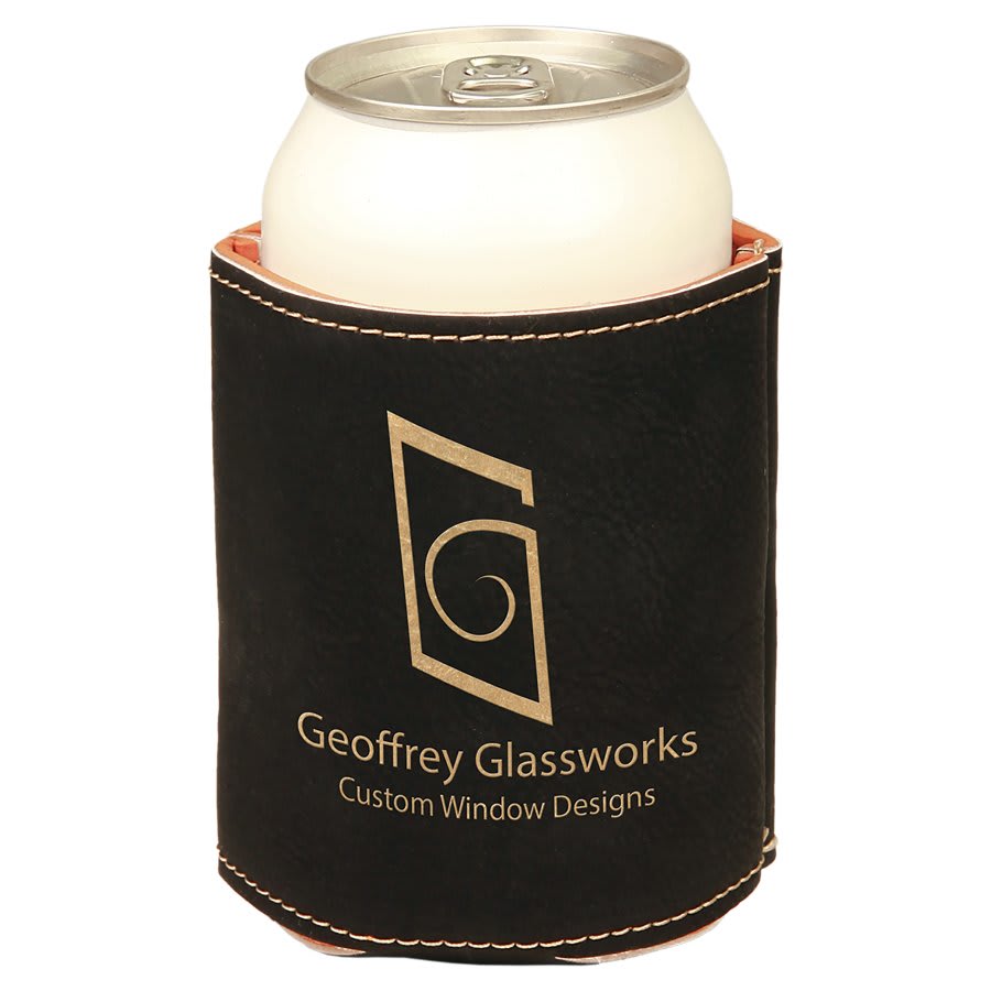 Personalized 3.75 inch leatherette can beverage holder with custom engraved name or monogram