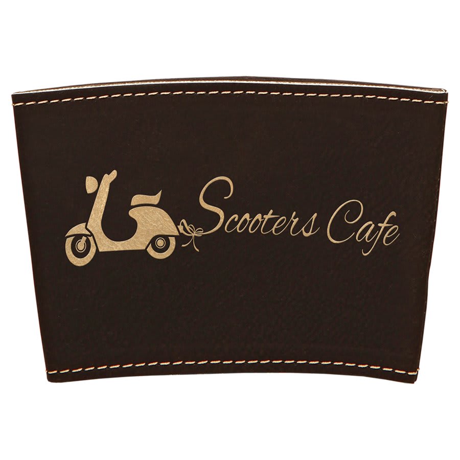 Personalized leatherette coffee mug sleeve with custom engraved name or monogram