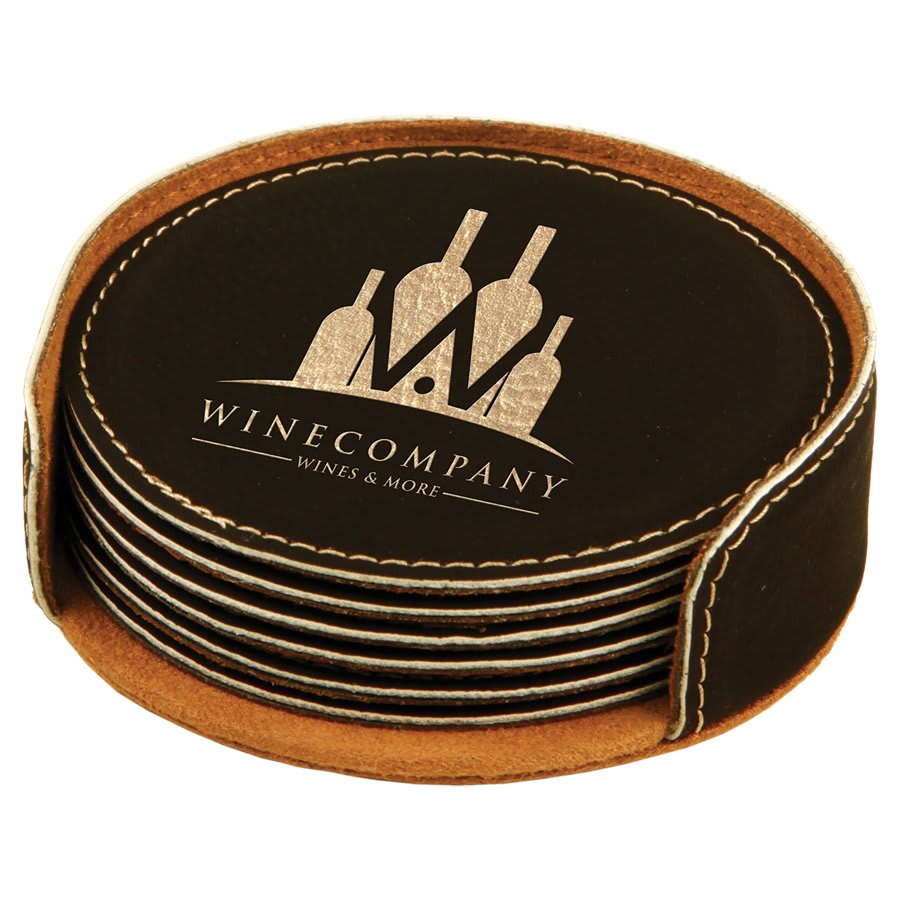 Set of 6 personalized 4 inch round leatherette coasters with custom engraved name or monogram