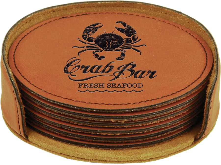 Rawhide laser engravable leatherette round coaster set of 6 personalized