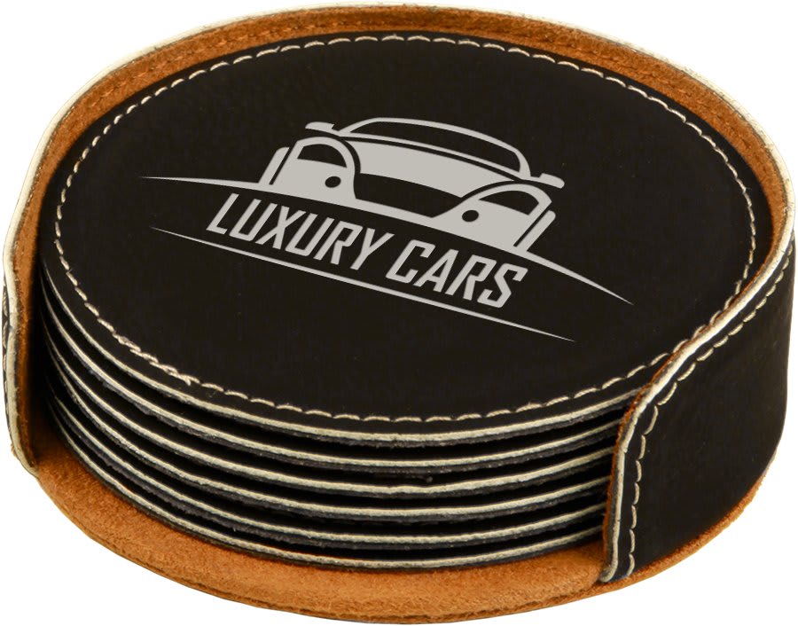 Set of 6 personalized 4 inch round leatherette coasters with custom engraved name or monogram