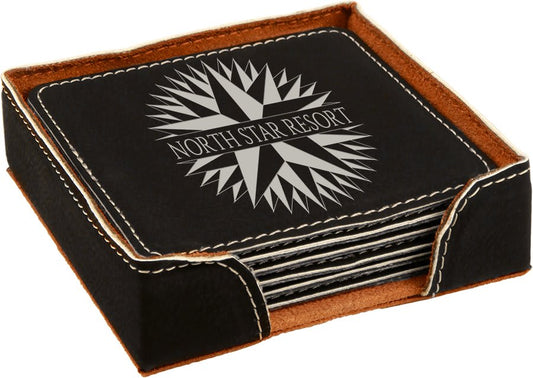 Set of 6 personalized 4 inch square leatherette coasters with custom engraved name or monogram