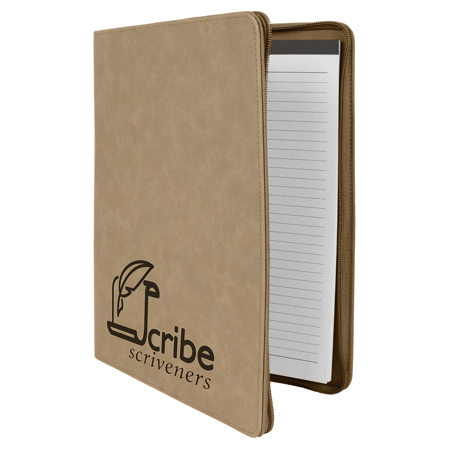 9 1/2" x 12" Light Brown w/ Zipper Laserable Leatherette Portfolio with Notepad