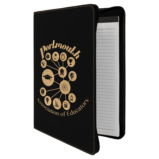 9 1/2" x 12" Black/Gold with Zipper Laserable Leatherette Portfolio with Notepad
