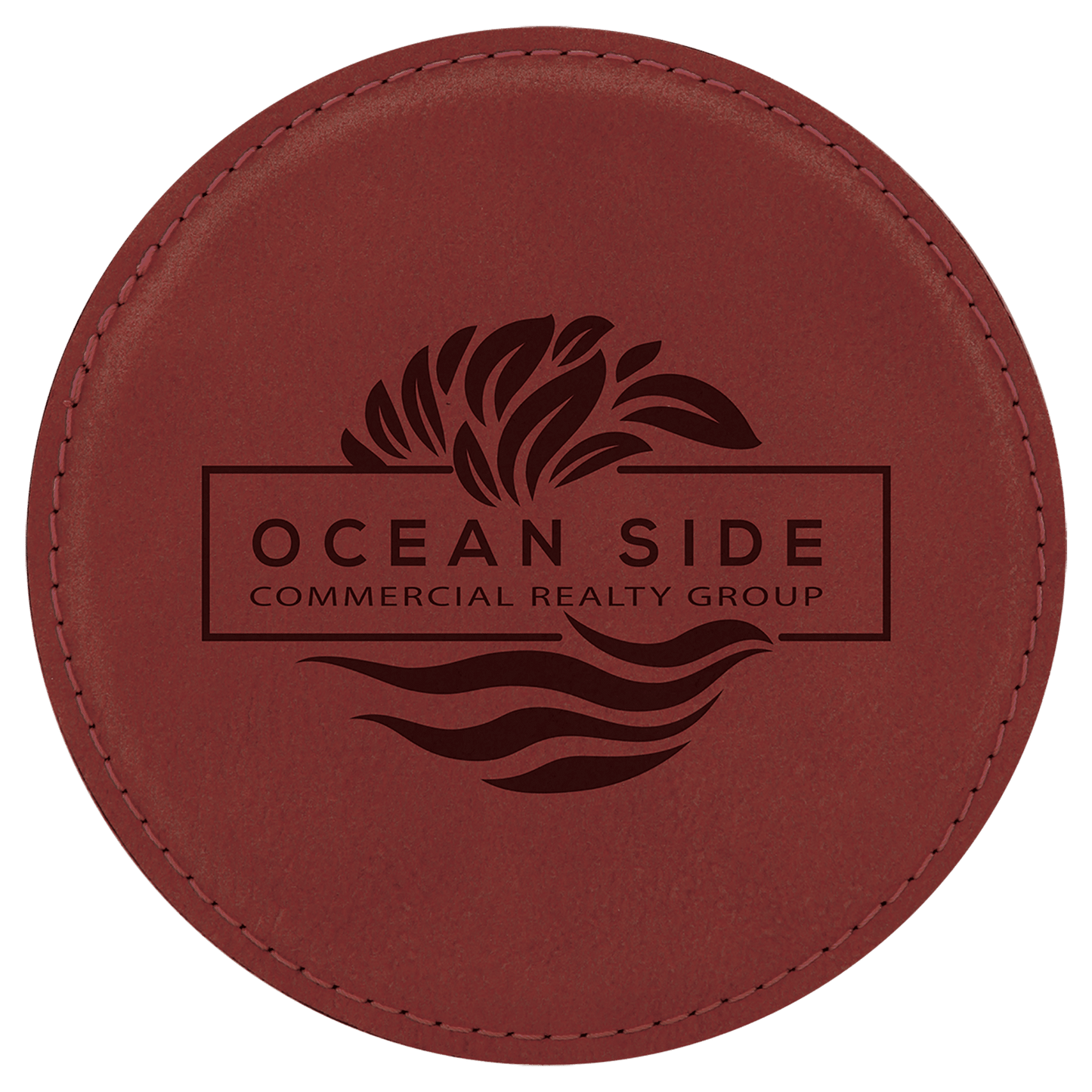Personalized 4 inch round leatherette coaster with custom engraved name or monogram