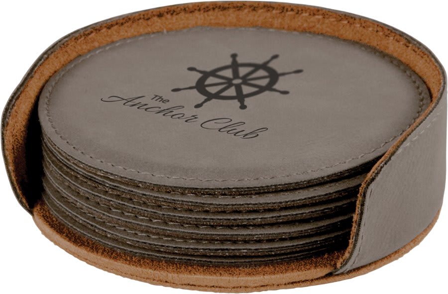 Gray laser engravable leatherette round coaster set of 6 personalized
