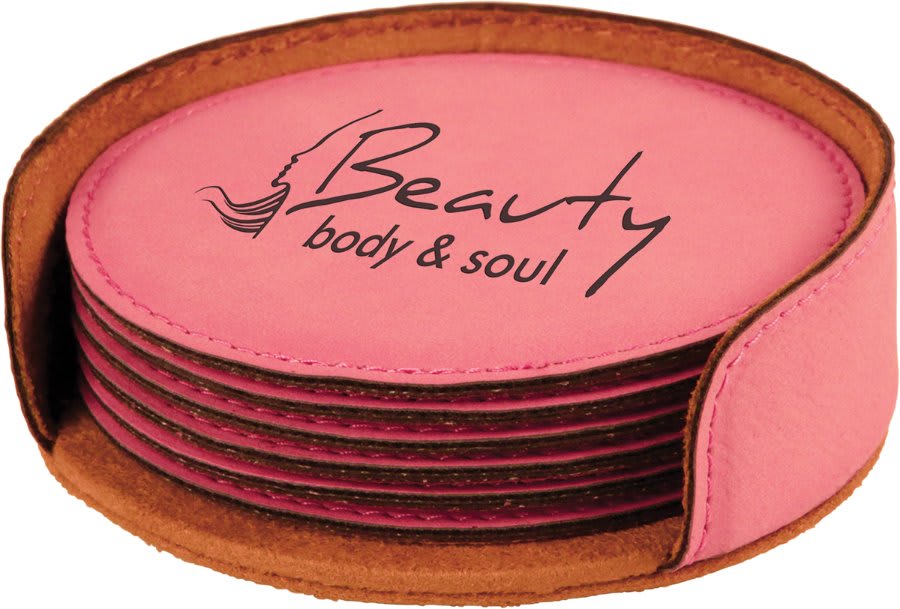 Set of 6 personalized 4 inch round leatherette coasters with custom engraved name or monogram