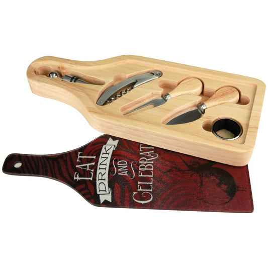 Personalized 6-piece wine and cheese gift set with cutting board, glass lid, and custom engraved design