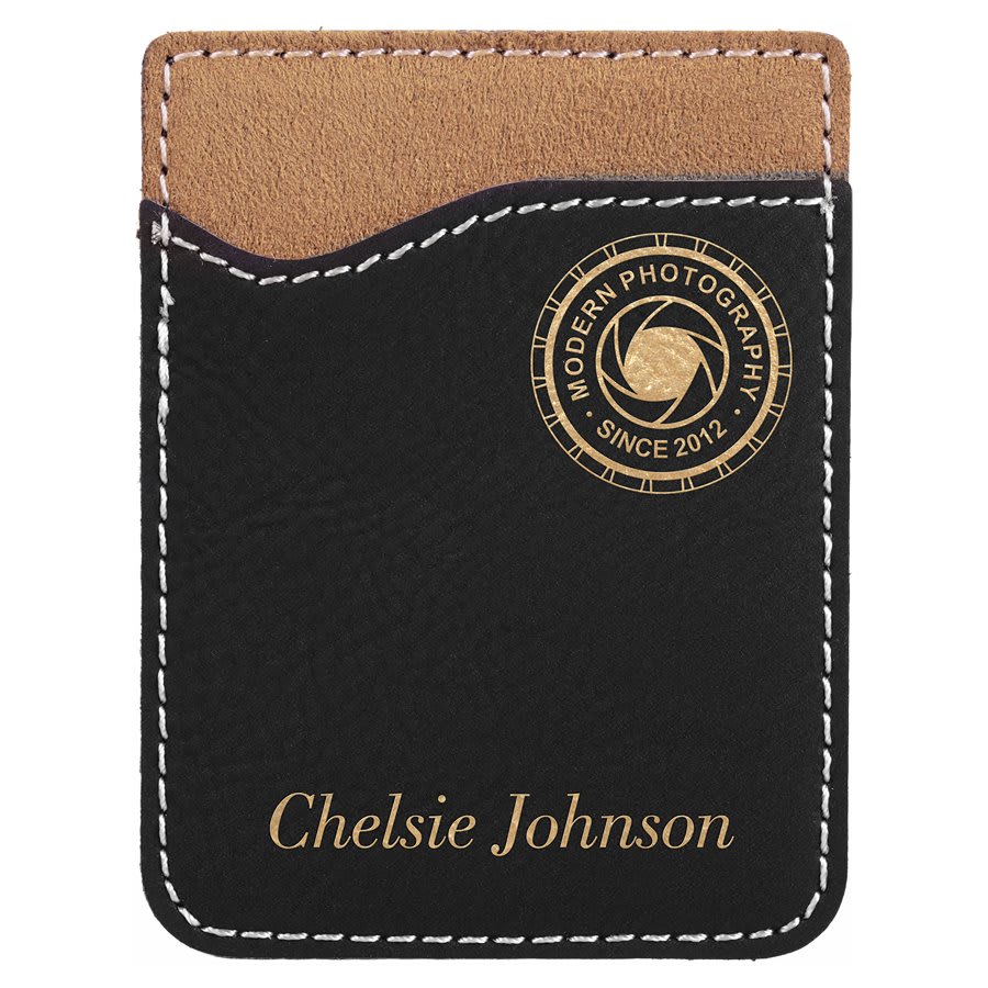 Black/Gold laser engravable leatherette phone wallet personalized gift