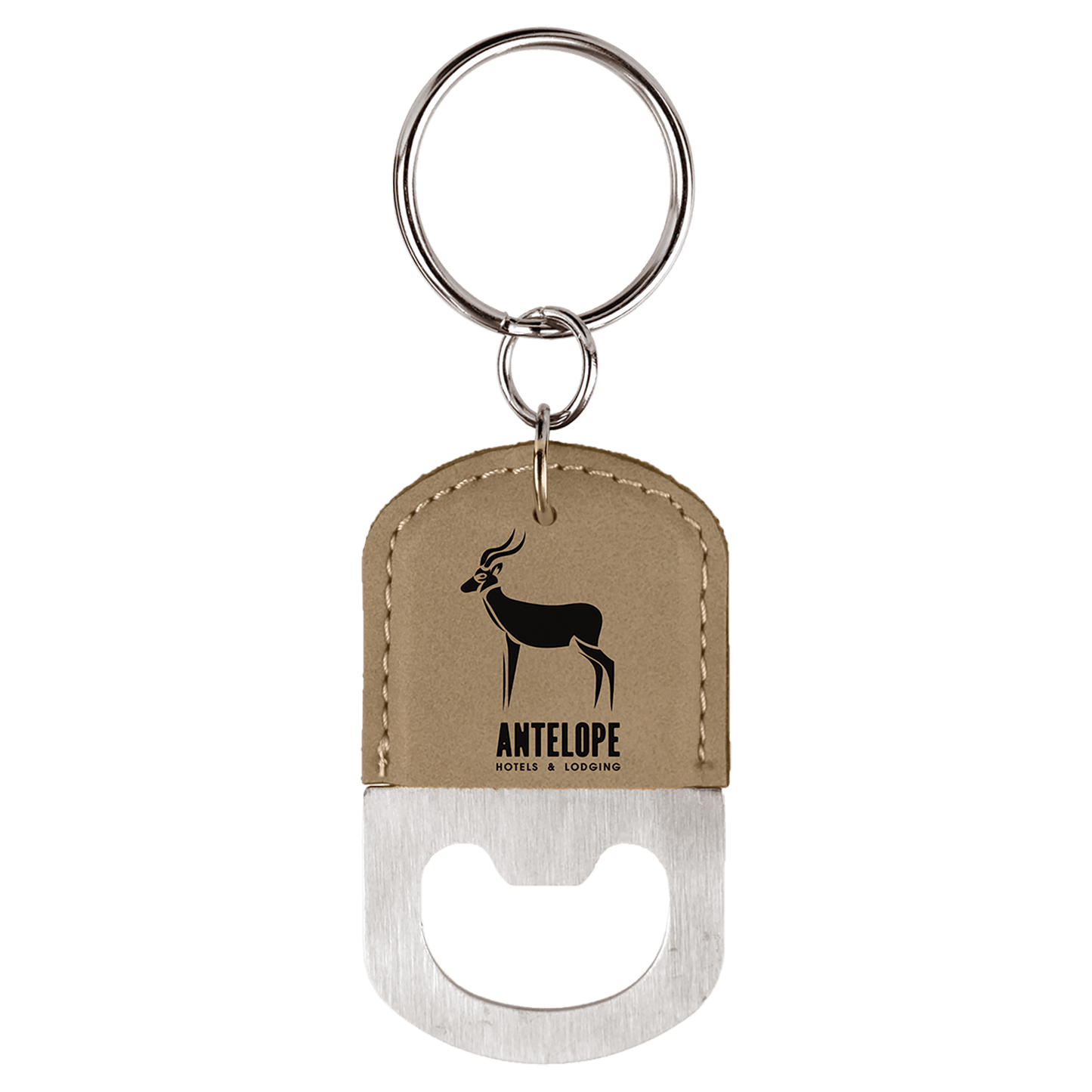 Personalized oval leatherette bottle opener keychain with custom engraved name or initials