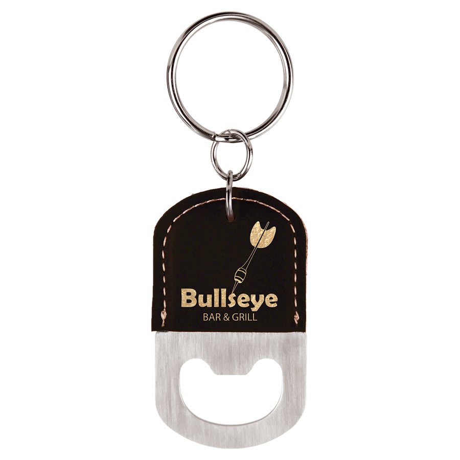 Black/Gold laser engravable leatherette keychain bottle opener personalized gift