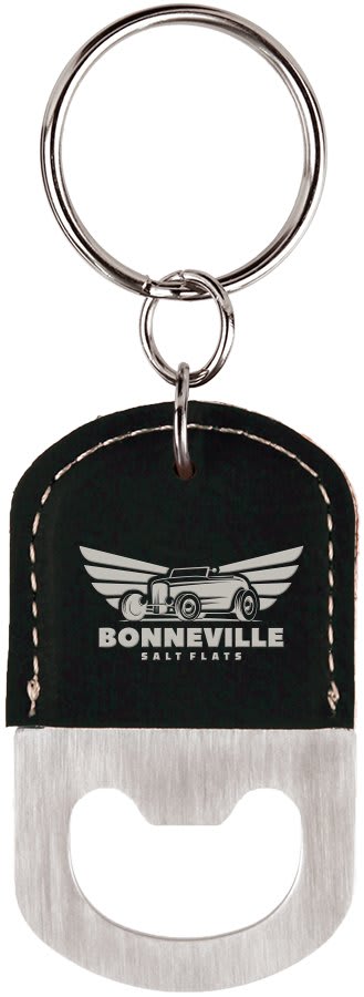 Oval Black/Silver Laserable Leatherette Bottle Opener Keychain