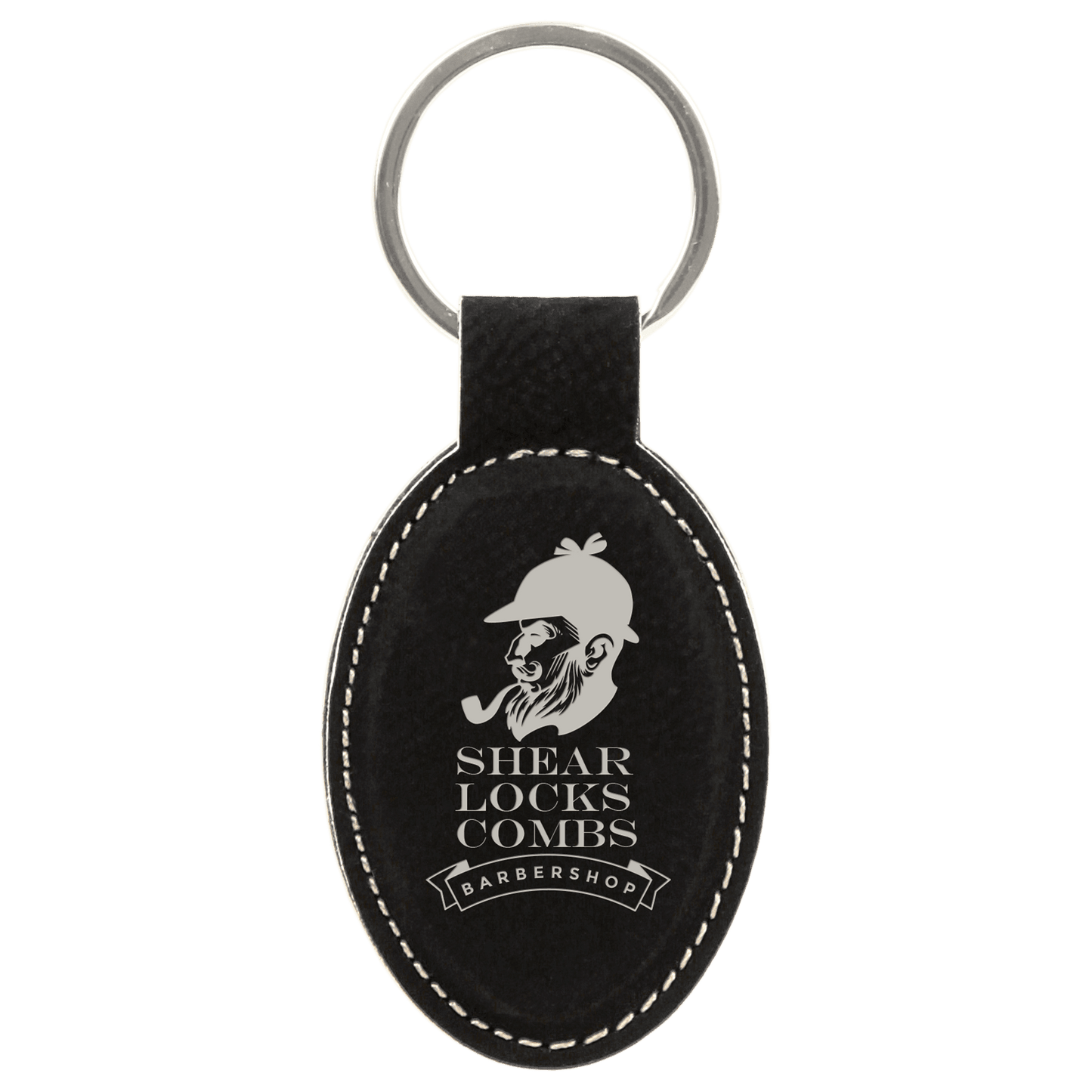 Black/Silver laser engravable leatherette oval keychain personalized gift
