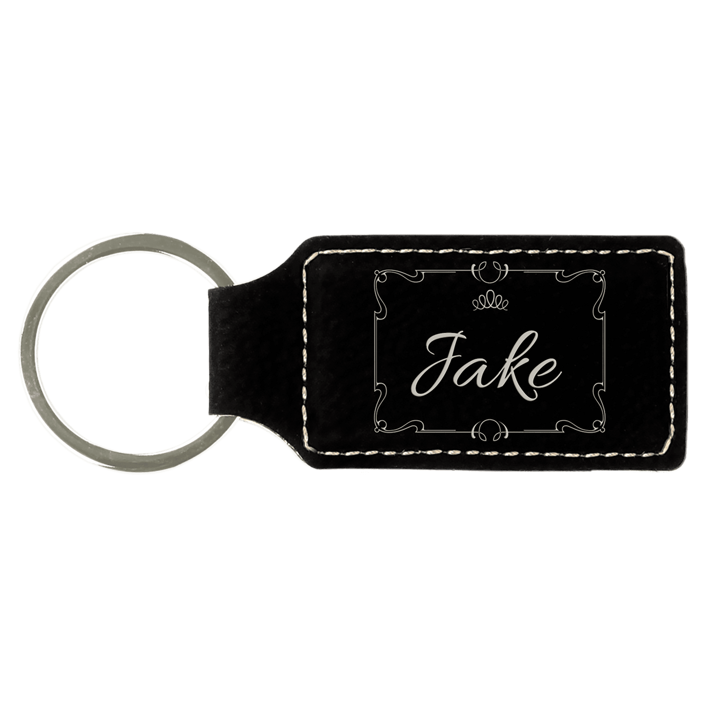 Black/Silver laser engravable leatherette rectangle keychain personalized gift