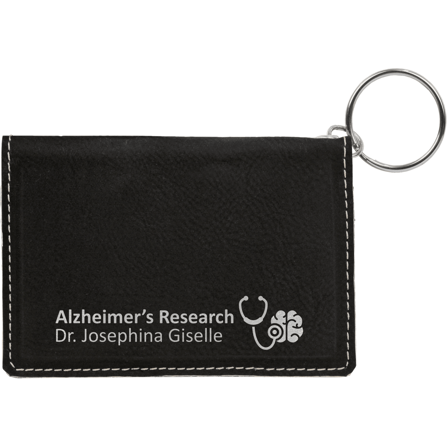 Black/Silver 4 1/4" x 3" laser engravable leatherette id holder personalized gift