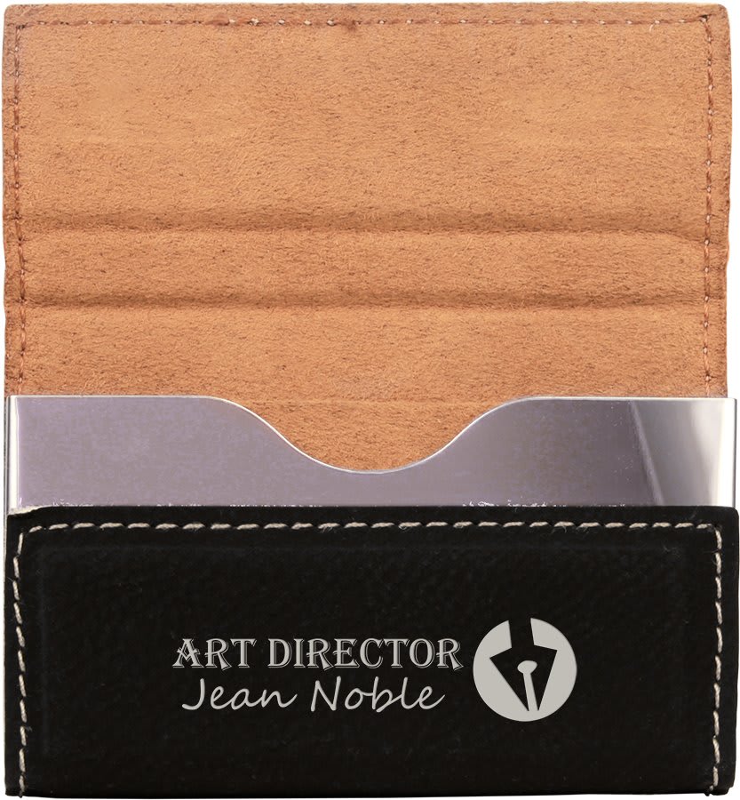 Black/Silver 3 3/4" x 2 3/4" laser engravable leatherette business card holder personalized gift