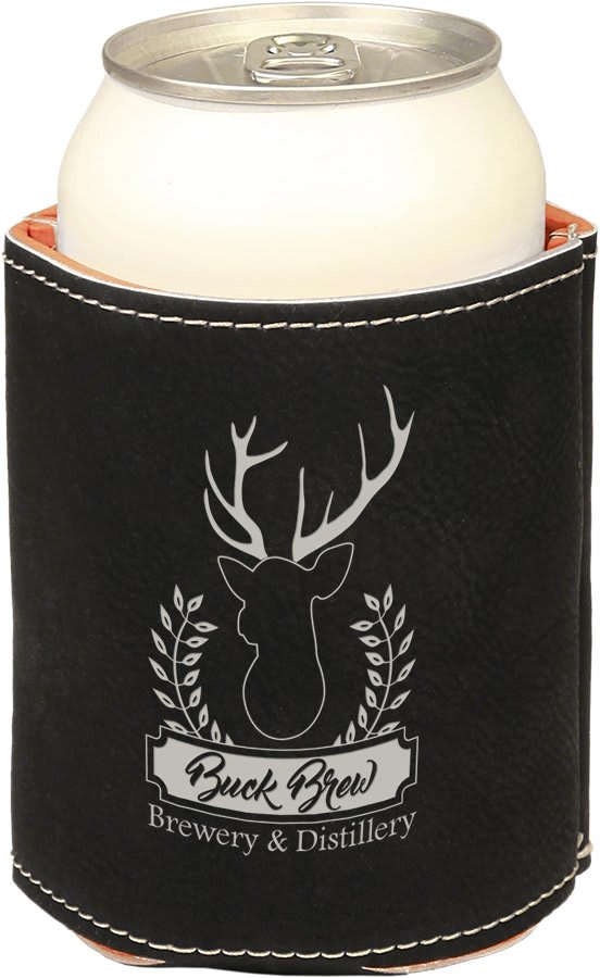 Personalized 3.75 inch leatherette can beverage holder with custom engraved name or monogram