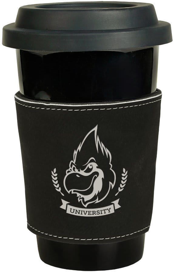 Personalized leatherette coffee mug sleeve with custom engraved name or monogram