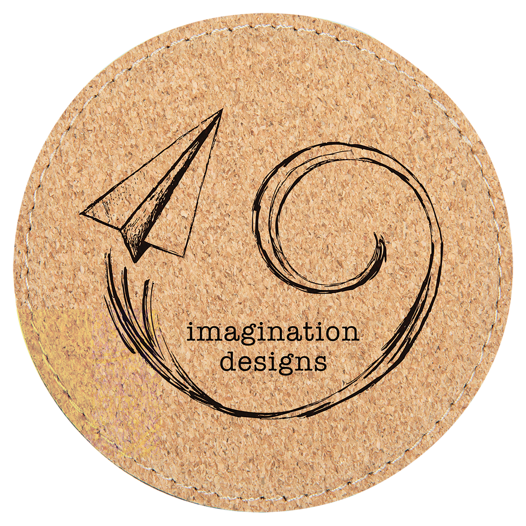 Personalized 4 inch round cork coaster with stitching and custom engraved name or monogram