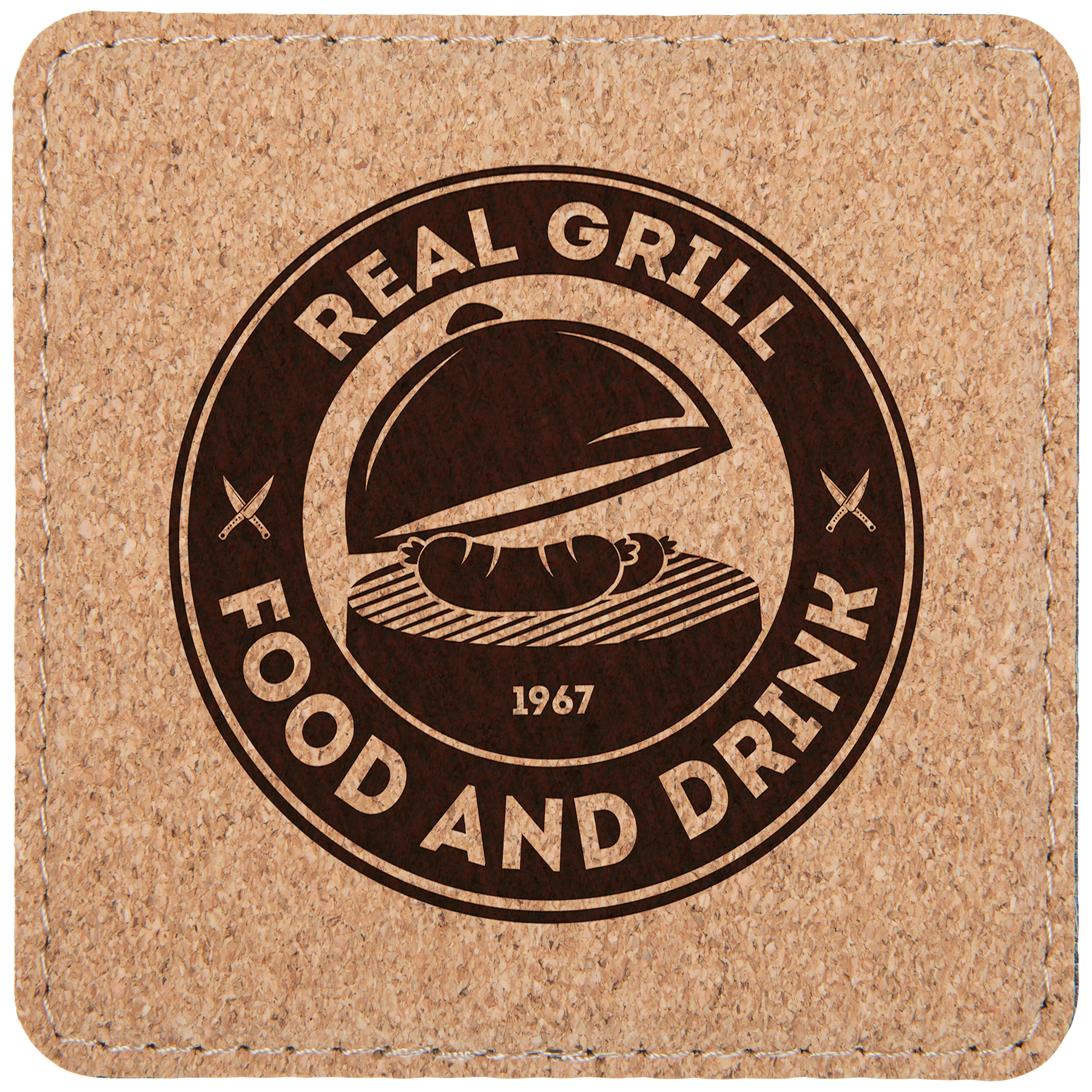 Personalized 4 inch square cork coaster with stitching and custom engraved name or monogram