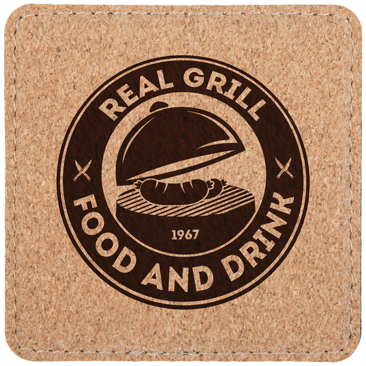 Personalized 4 inch square cork coaster with stitching and custom engraved name or monogram
