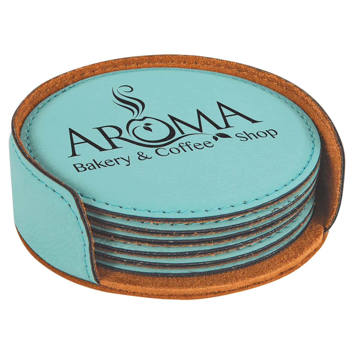 Set of 6 personalized 4 inch round leatherette coasters with custom engraved name or monogram