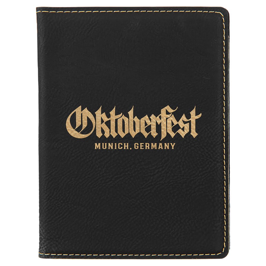 Black/Gold 4 1/4" x 5 1/2" laser engravable leatherette passport holder personalized gift