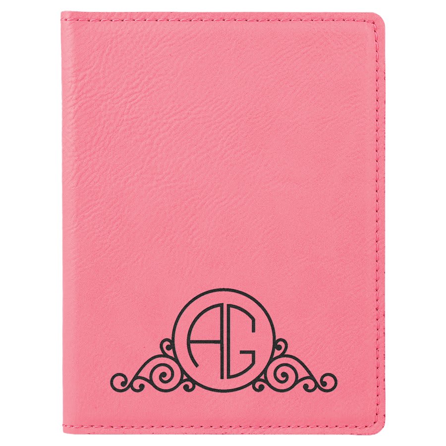 Pink 4 1/4" x 5 1/2" laser engravable leatherette passport holder personalized gift