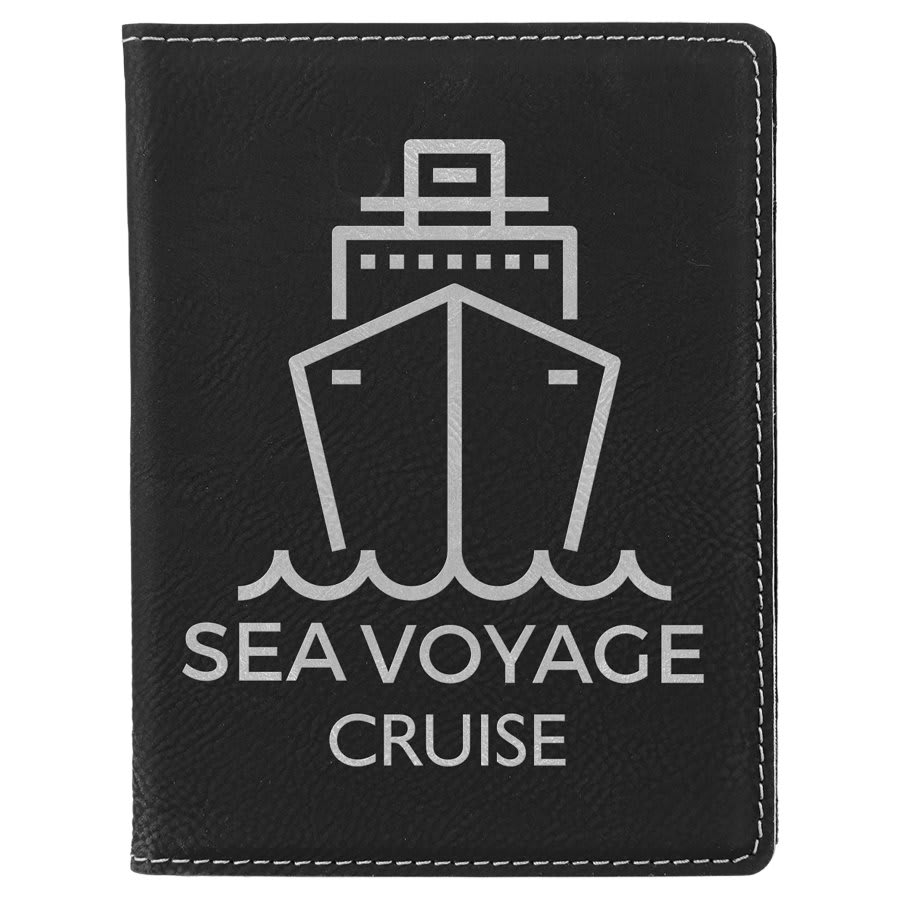 Black/Silver 4 1/4" x 5 1/2" laser engravable leatherette passport holder personalized gift