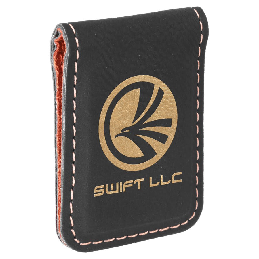 Black/Gold laser engravable leatherette money clip personalized gift