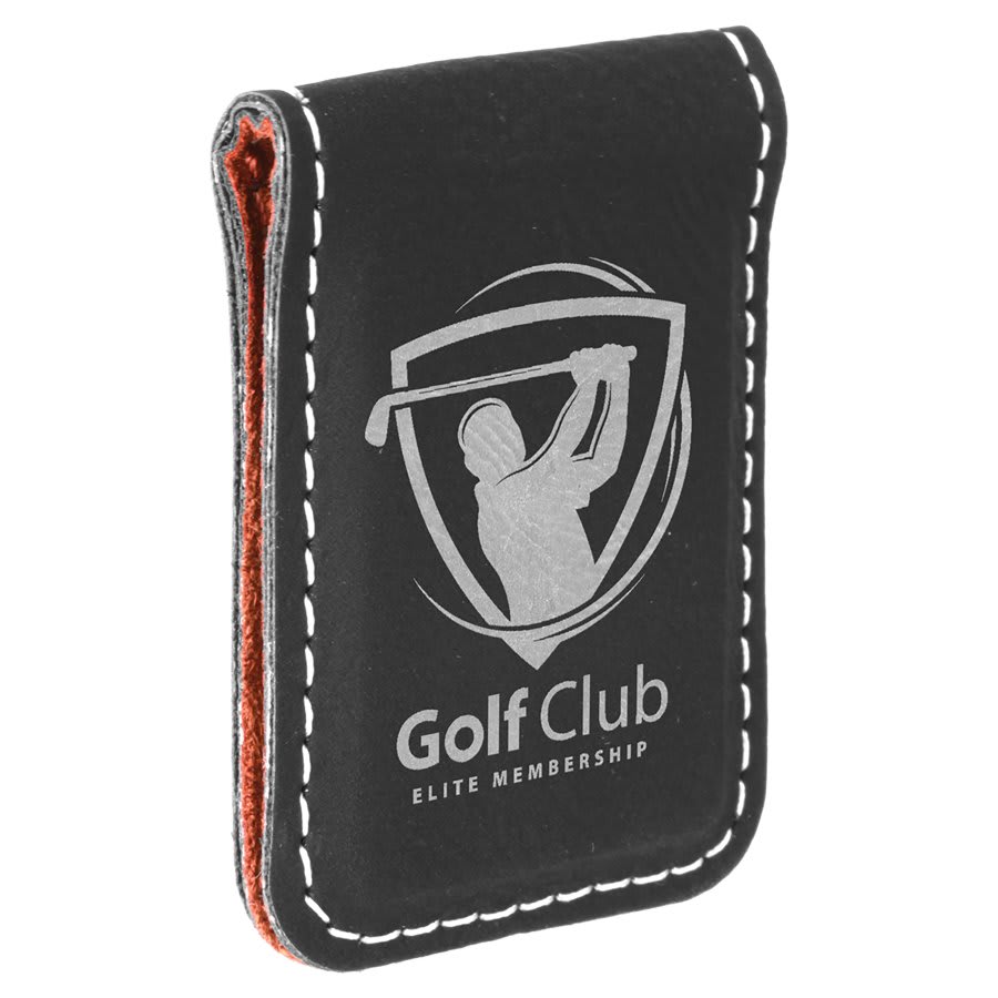 Black/Silver laser engravable leatherette money clip personalized gift