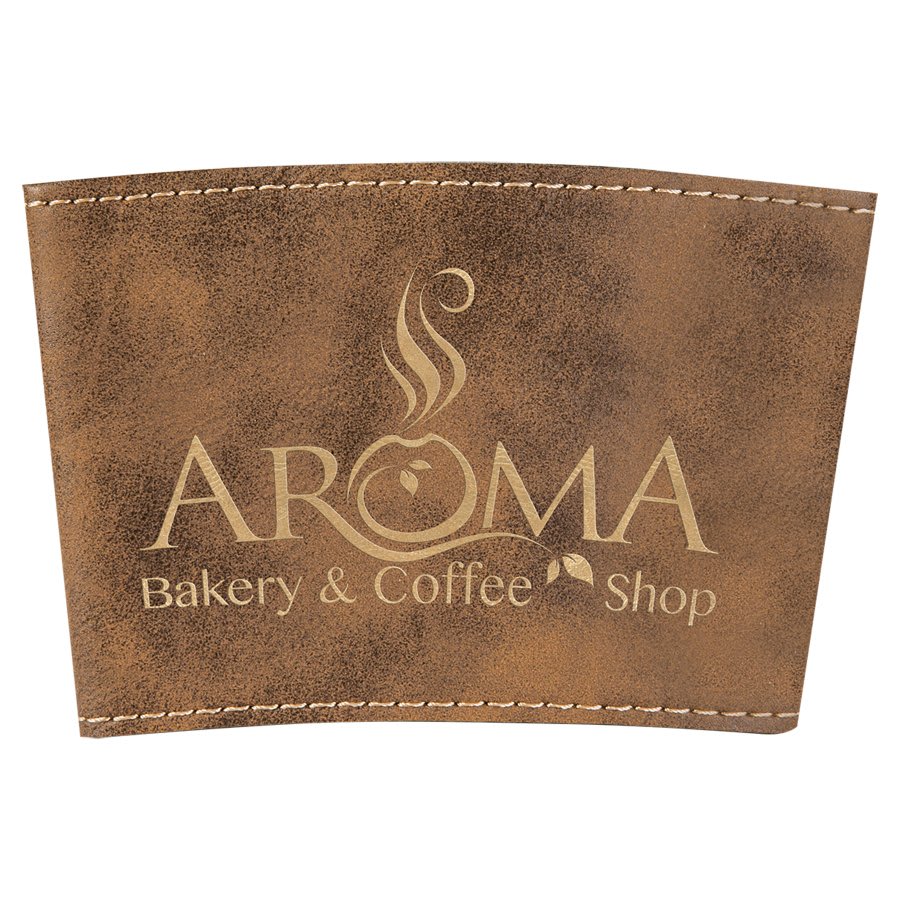 Personalized leatherette coffee mug sleeve with custom engraved name or monogram
