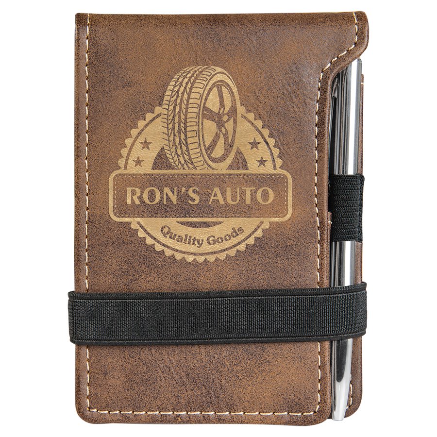 Rustic/Gold 3 1/4" x 4 3/4" laser engravable leatherette notepad personalized gift