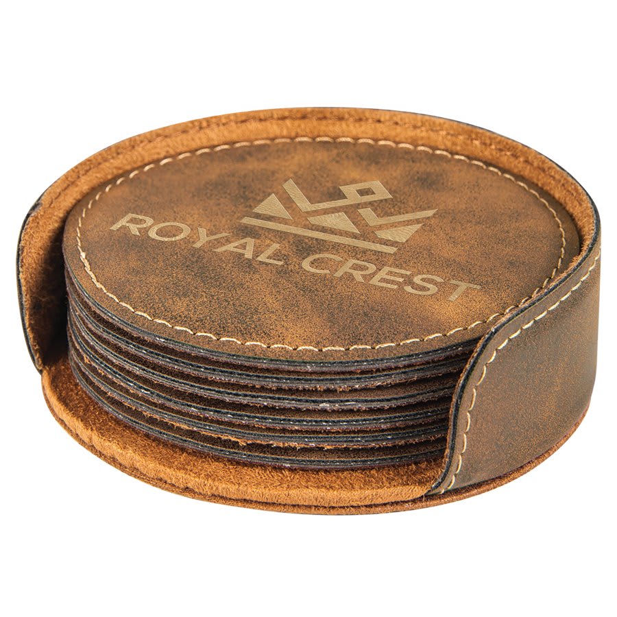 Set of 6 personalized 4 inch round leatherette coasters with custom engraved name or monogram