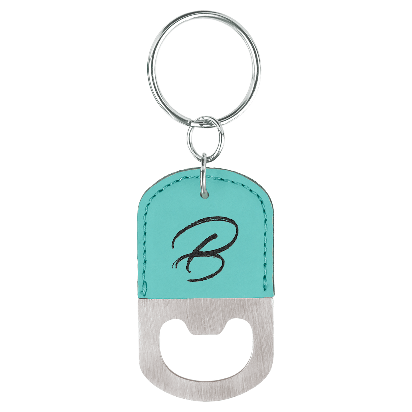 Teal laser engravable leatherette keychain bottle opener personalized gift