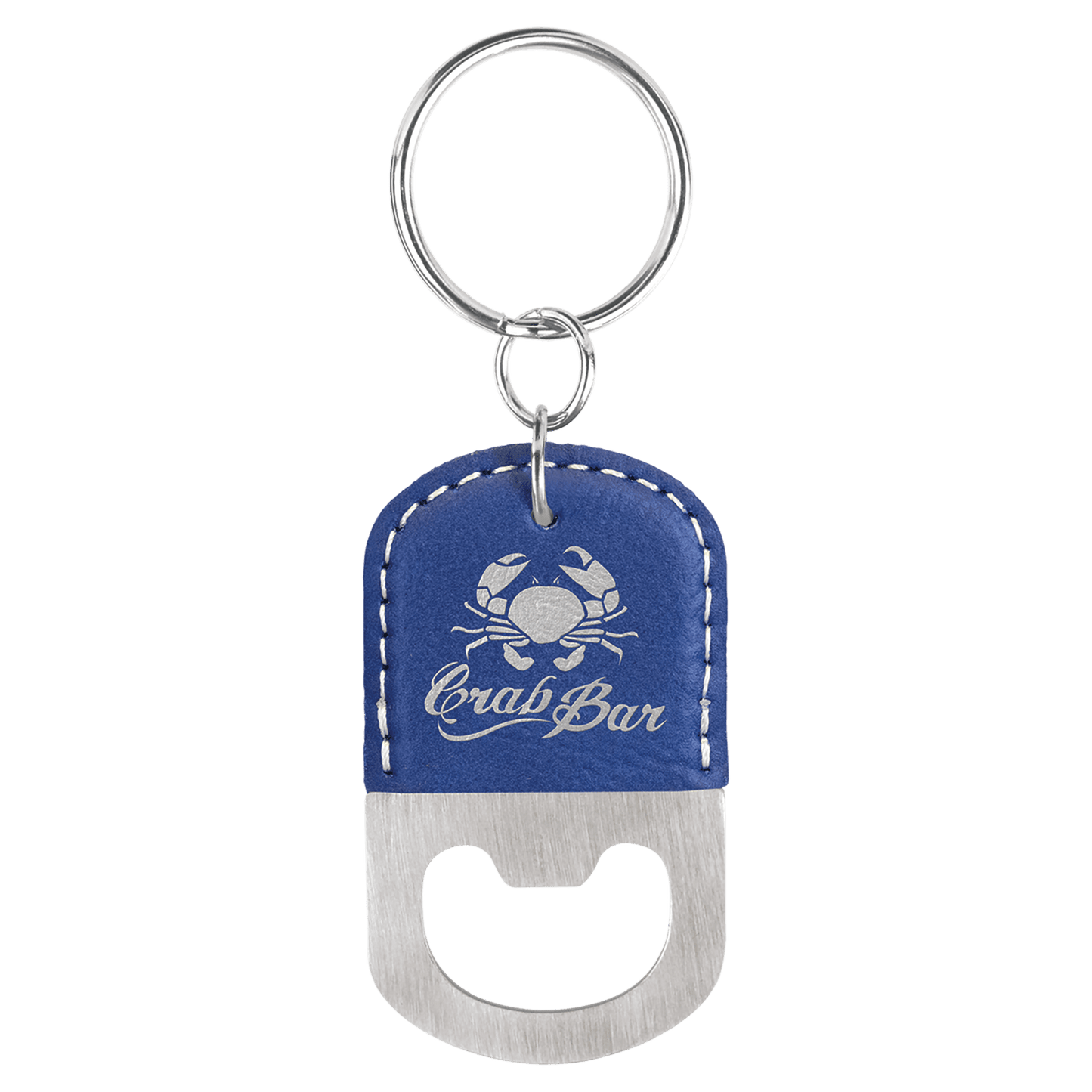 Blue/Silver Laserable Leatherette Oval Bottle Opener Keychain