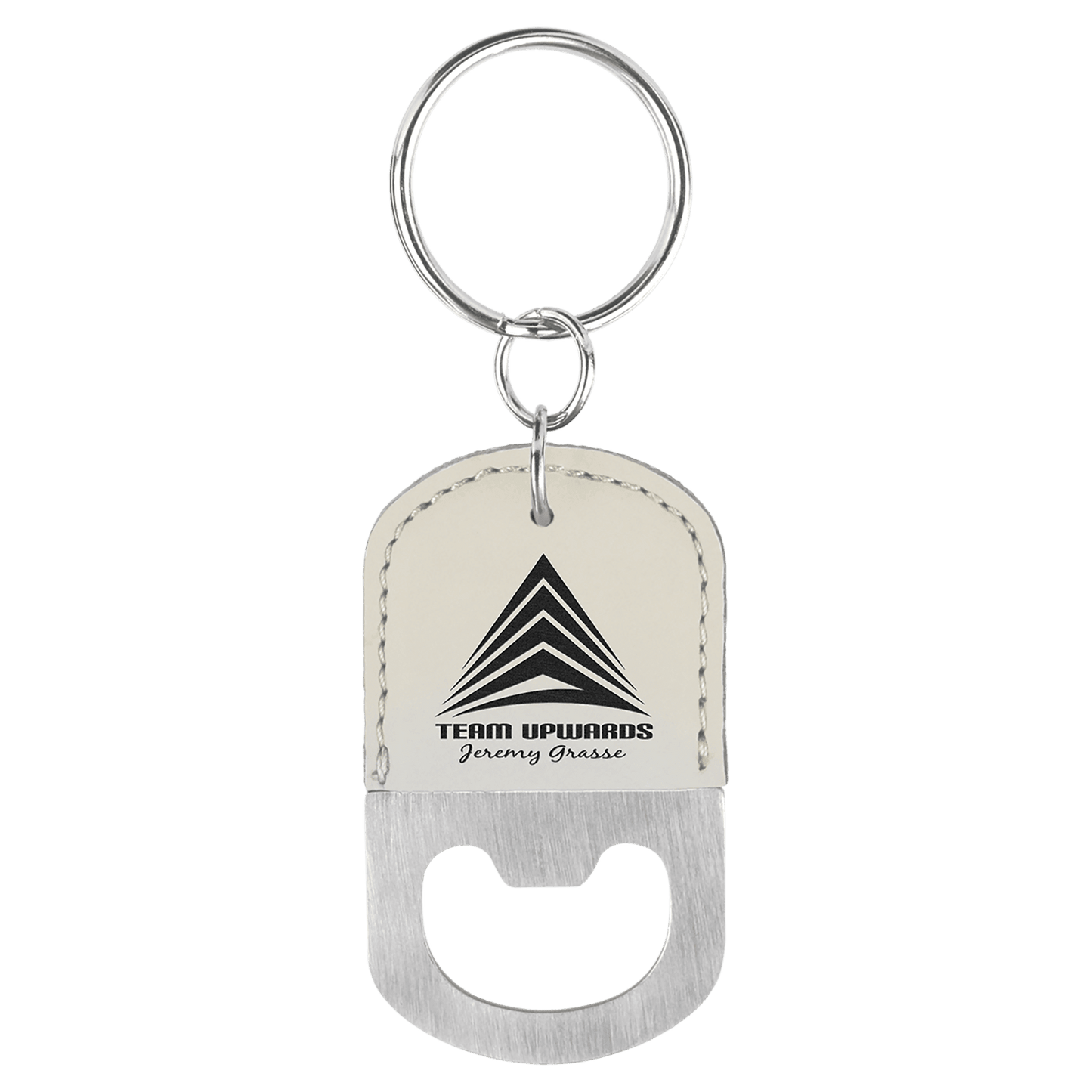 White laser engravable leatherette keychain bottle opener personalized gift