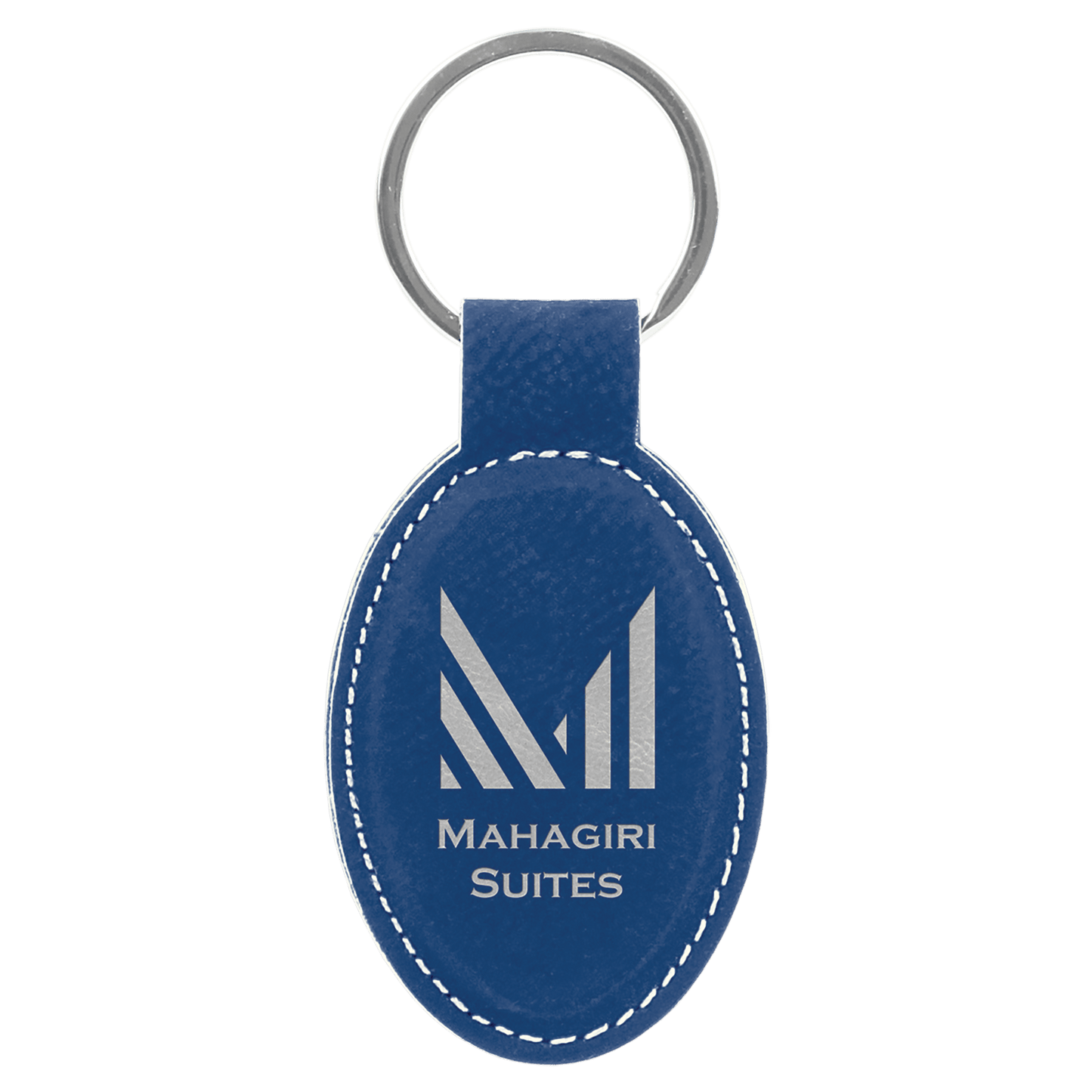 Blue/Silver laser engravable leatherette oval keychain personalized gift