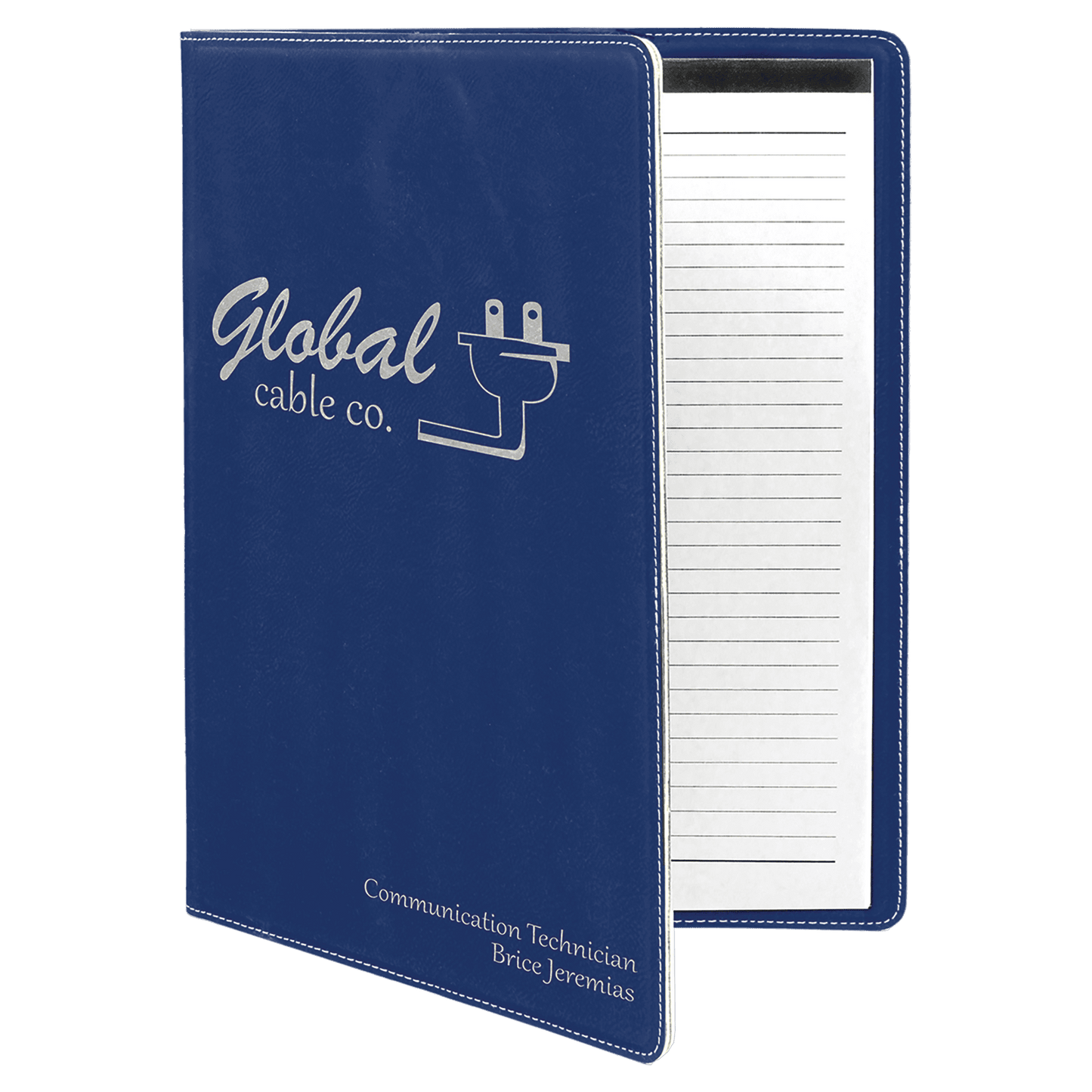 Blue/Silver 9 1/2" x 12" laser engravable leatherette portfolio notepad professional gift