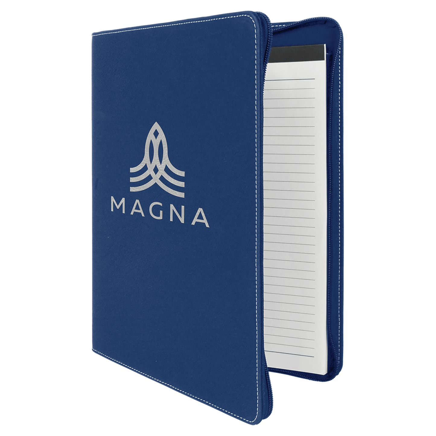 9 1/2" x 12" Blue/Silver w/Zipper Laserable Leatherette Portfolio with Notepad