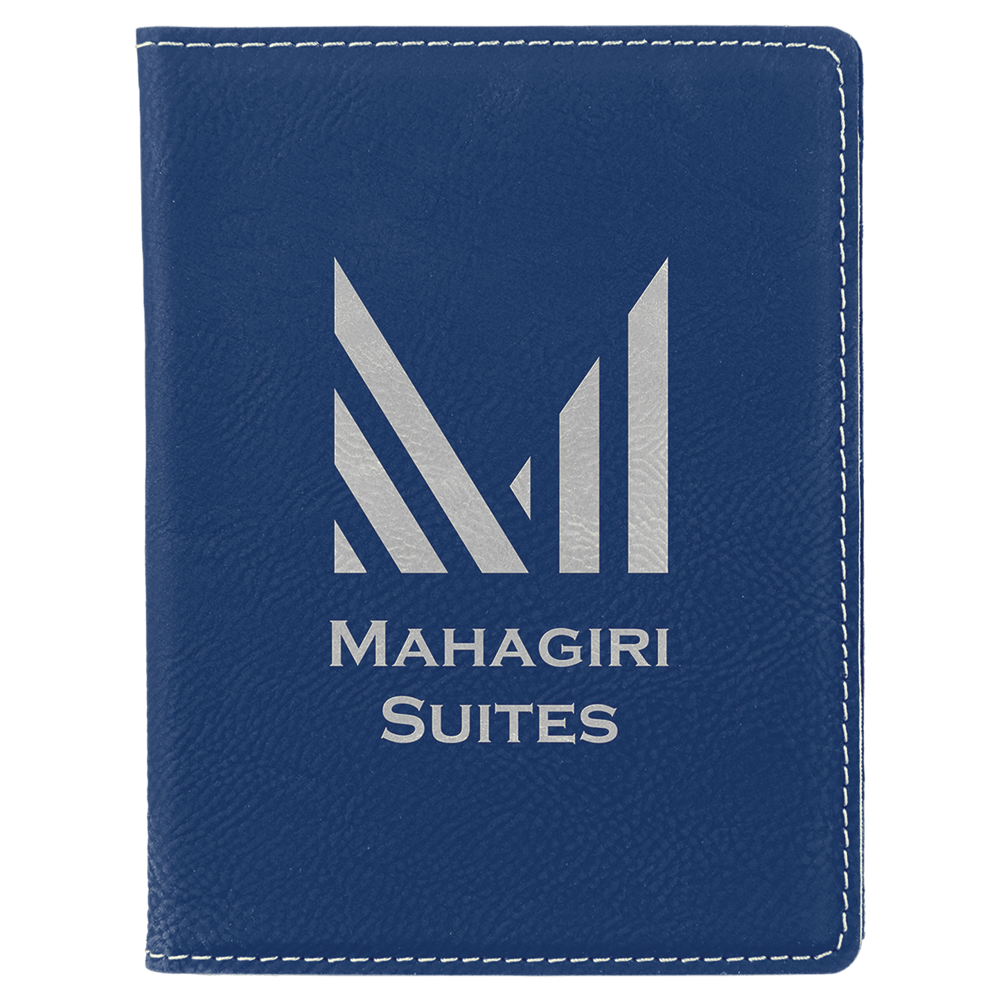 Blue/Silver 4 1/4" x 5 1/2" laser engravable leatherette passport holder personalized gift